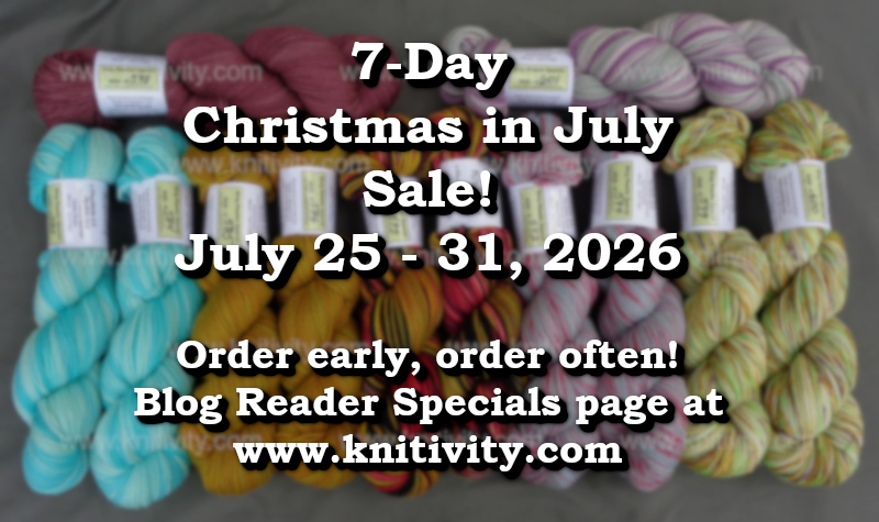 Advertising picture of hand-dyed yarns, promoting a 7-Day Christmas in July sale.